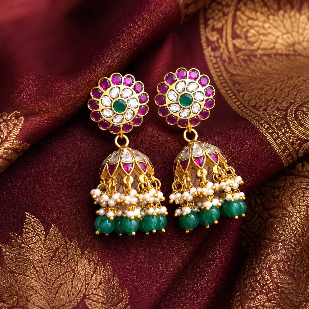 FeelOri real kempu jadau jhumka earrings styled with saree fabric for Indian occasion wear