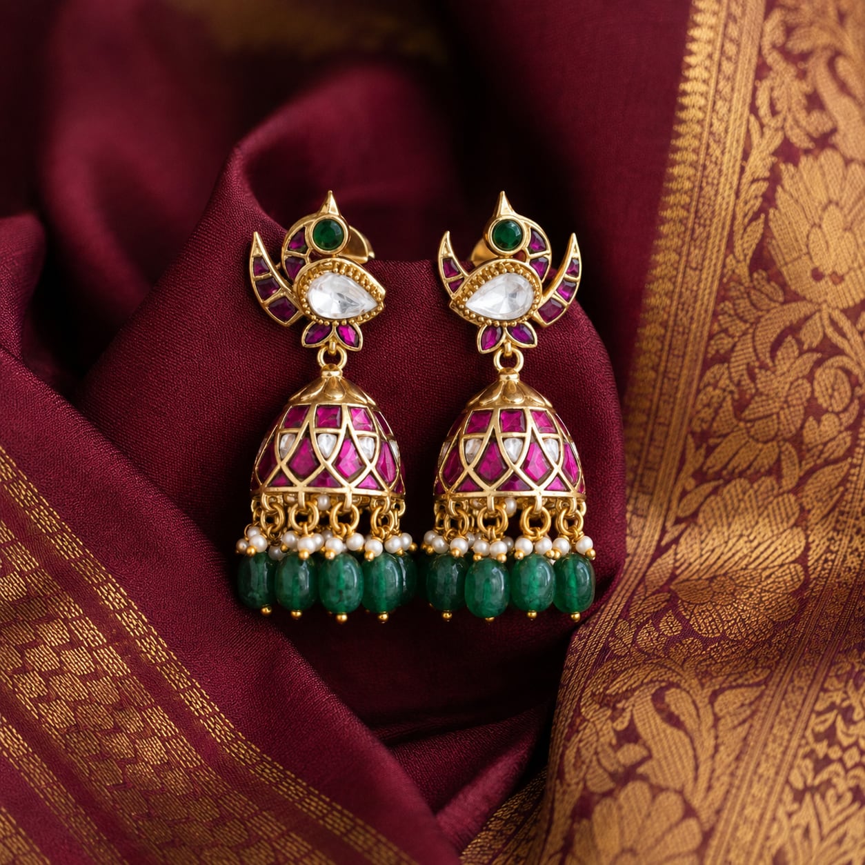 FeelOri real kempu jadau jhumka earrings styled with saree fabric for Indian occasion wear