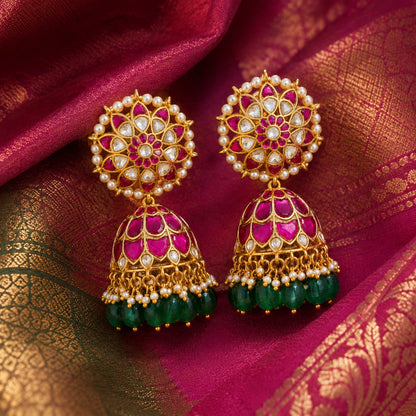 FeelOri real kempu jadau jhumka earrings styled with saree fabric for Indian occasion wear