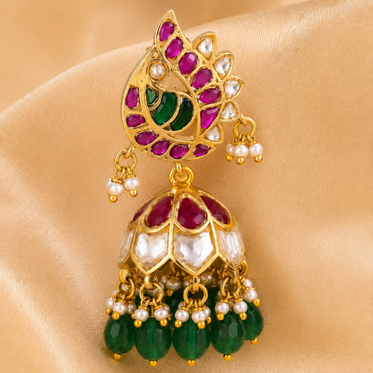 FeelOri kundan-style jhumka earrings styled with saree fabric for Indian occasion wear