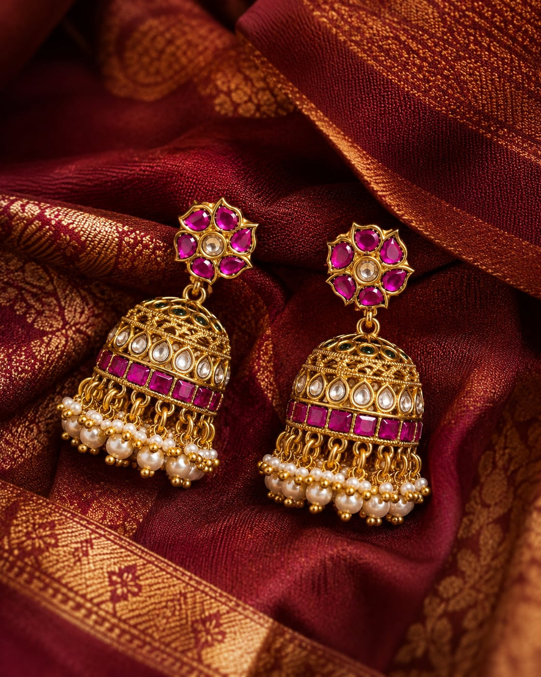 FeelOri real kempu jadau jhumka earrings styled with saree fabric for Indian occasion wear