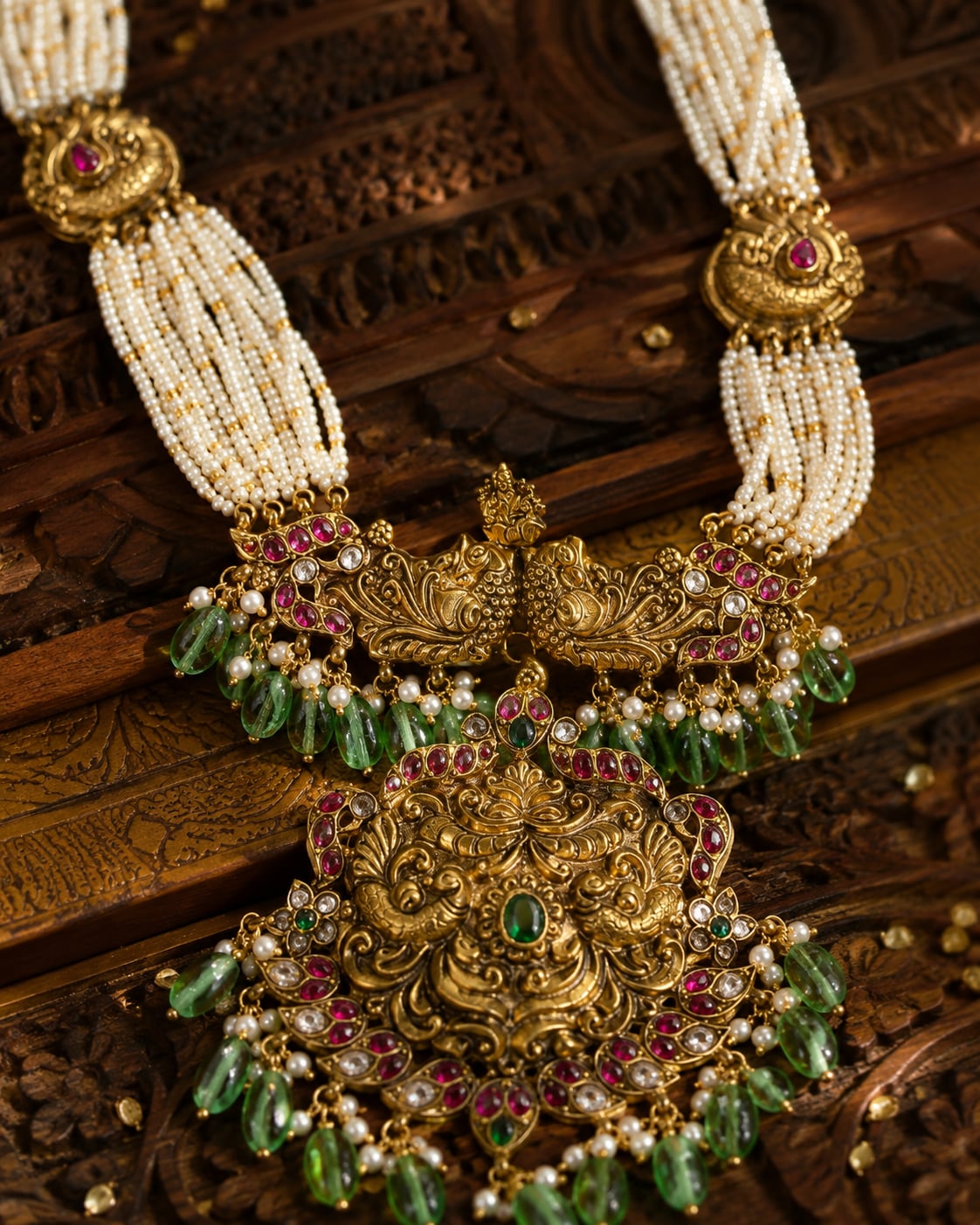 FeelOri real kempu jadau mala necklace styled with saree fabric for Indian occasion wear