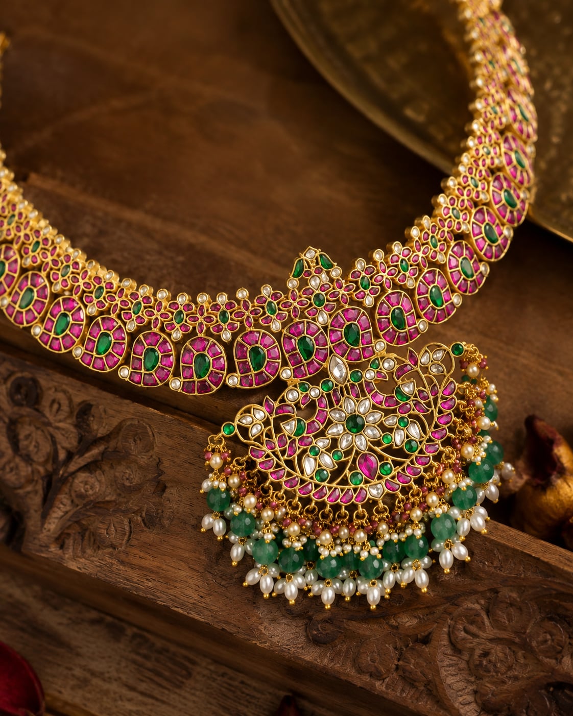 FeelOri real kempu jadau mala necklace close-up of real kempu stones and jadau work