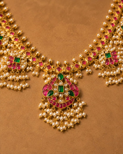 FeelOri real kempu jadau long haram necklace close-up of real kempu stones and jadau work