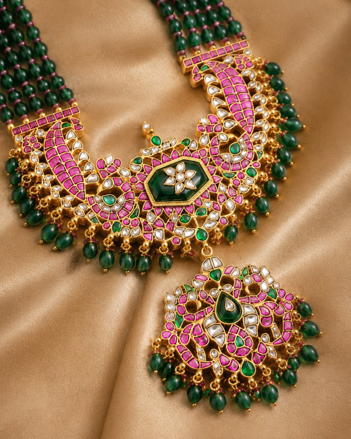 FeelOri real kempu jadau long haram necklace close-up of real kempu stones and jadau work