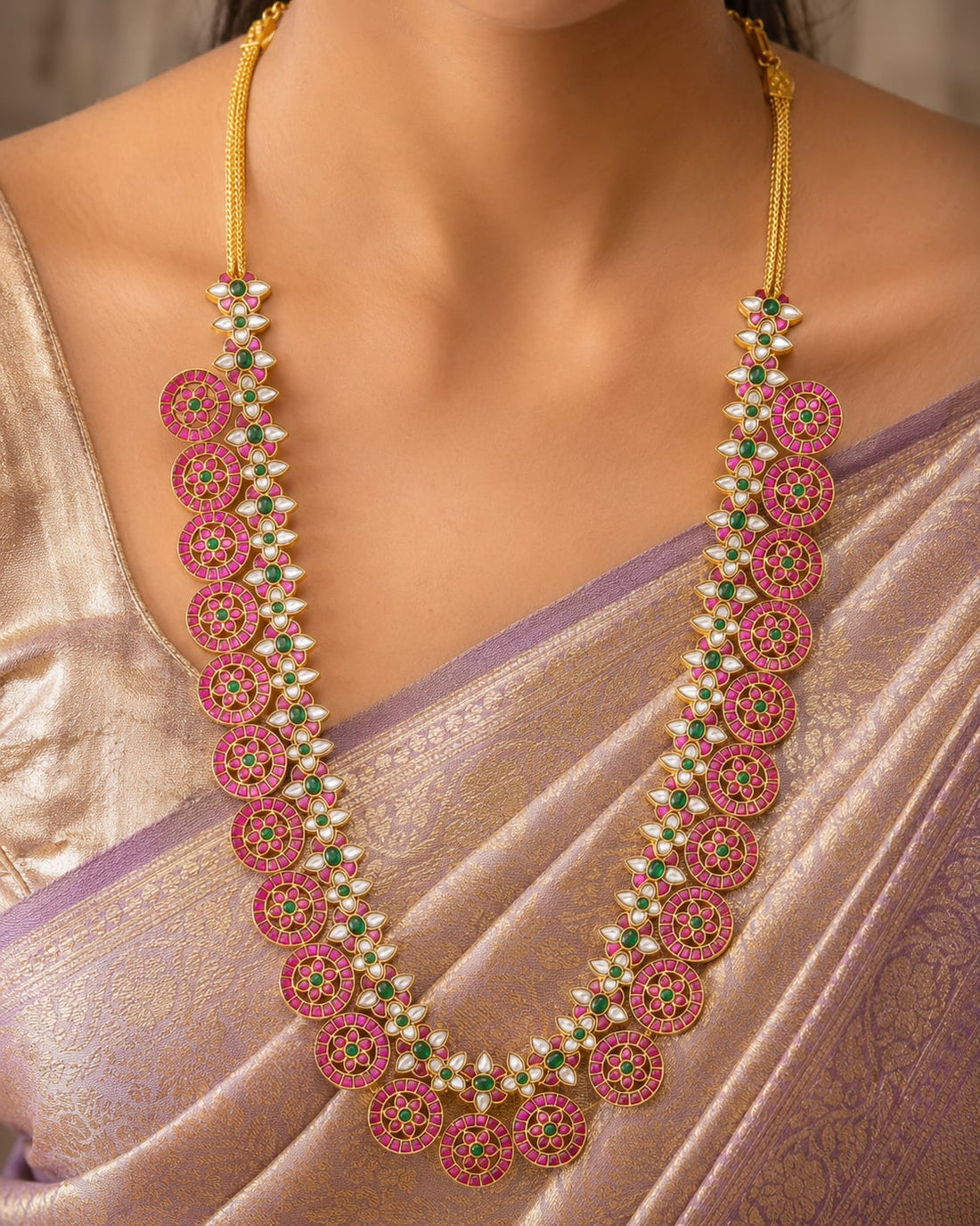 FeelOri real kempu jadau long haram necklace styled with pattu saree blouse for Indian occasion wear