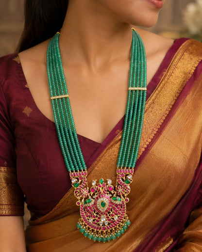 FeelOri real kempu jadau long haram necklace styled with pattu saree blouse for Indian occasion wear