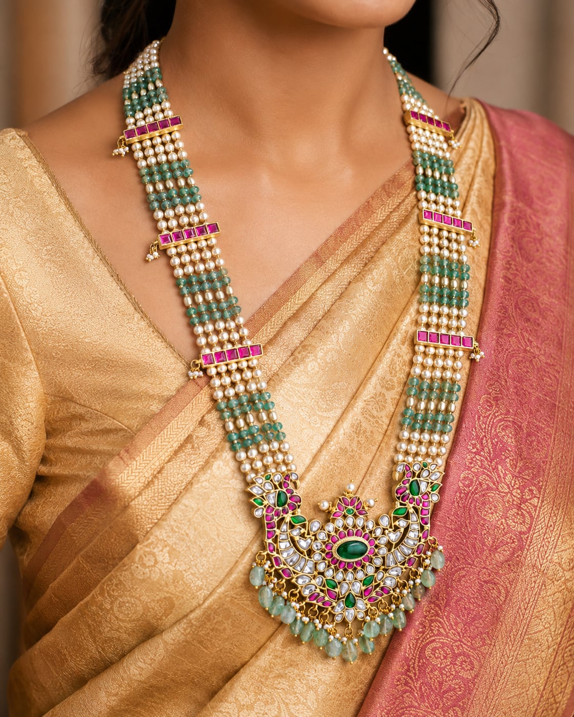 FeelOri real kempu jadau long haram necklace styled with pattu saree blouse for Indian occasion wear