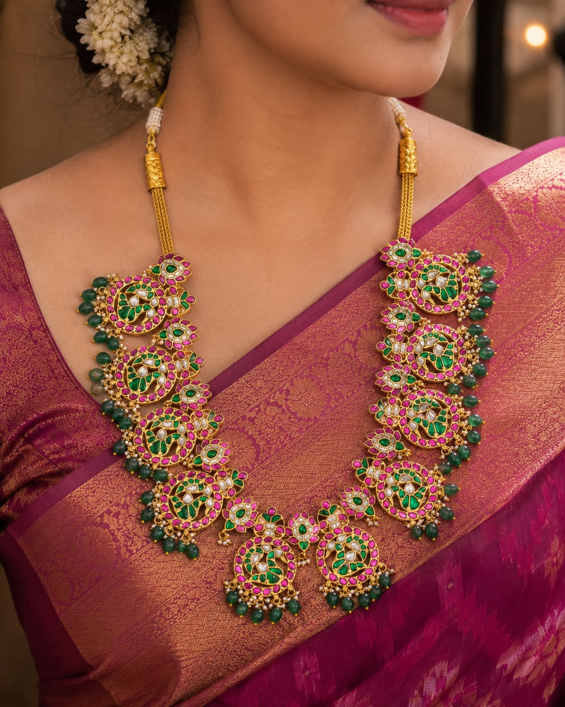 FeelOri real kempu jadau long haram necklace styled with pattu saree blouse for Indian occasion wear