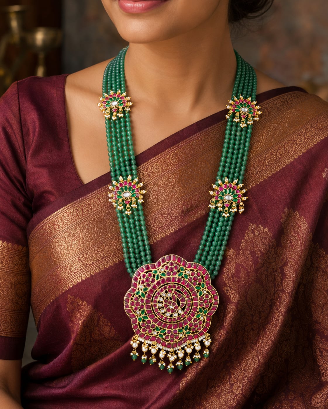 FeelOri real kempu jadau long haram necklace styled with pattu saree blouse for Indian occasion wear