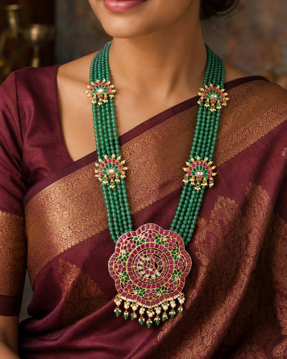 FeelOri real kempu jadau long haram necklace styled with pattu saree blouse for Indian occasion wear
