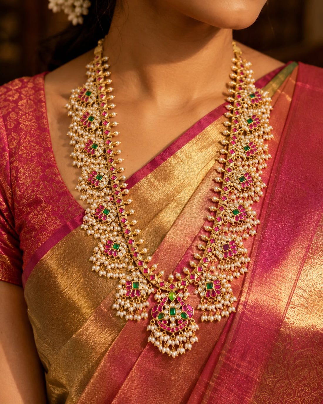 FeelOri real kempu jadau long haram necklace styled with pattu saree blouse for Indian occasion wear