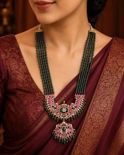 FeelOri real kempu jadau long haram necklace styled with pattu saree blouse for Indian occasion wear