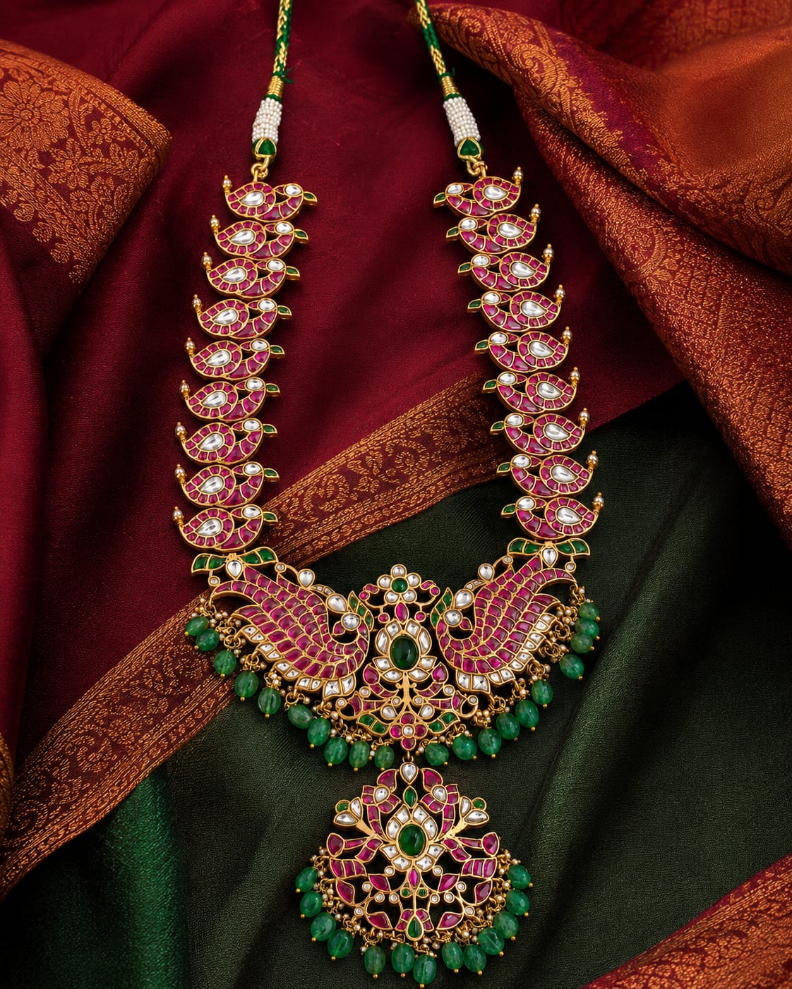 FeelOri real kempu jadau mala necklace styled with saree fabric for Indian occasion wear