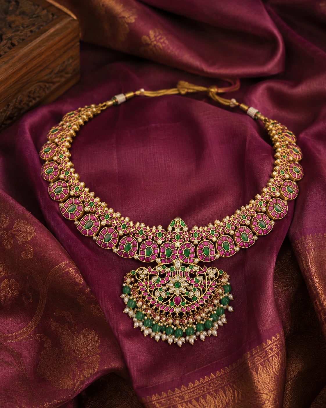 FeelOri real kempu jadau mala necklace styled with saree fabric for Indian occasion wear