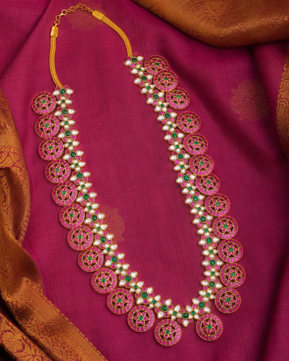 FeelOri real kempu jadau long haram necklace styled with saree fabric for Indian occasion wear