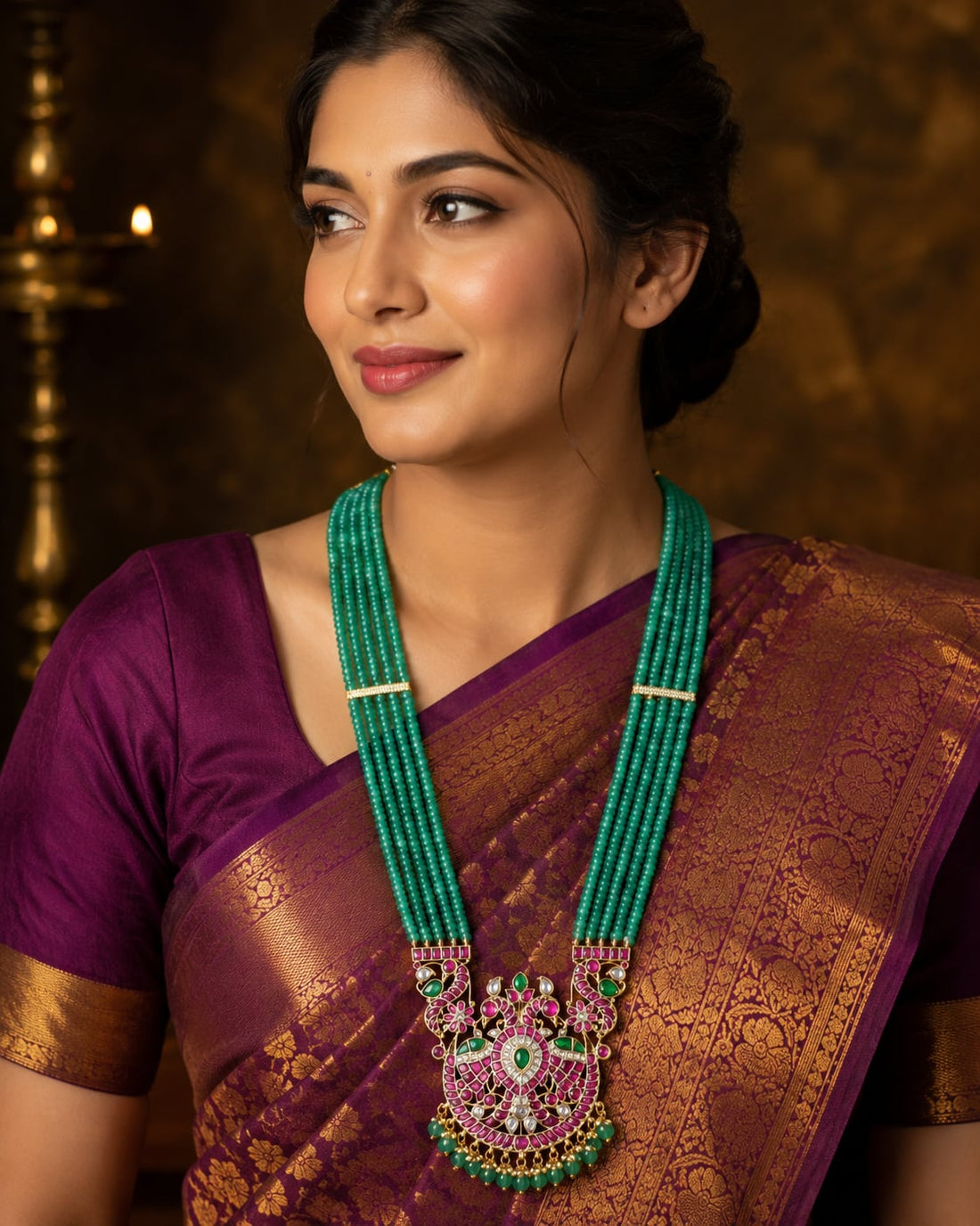 FeelOri real kempu jadau long haram necklace styled with saree fabric for Indian occasion wear