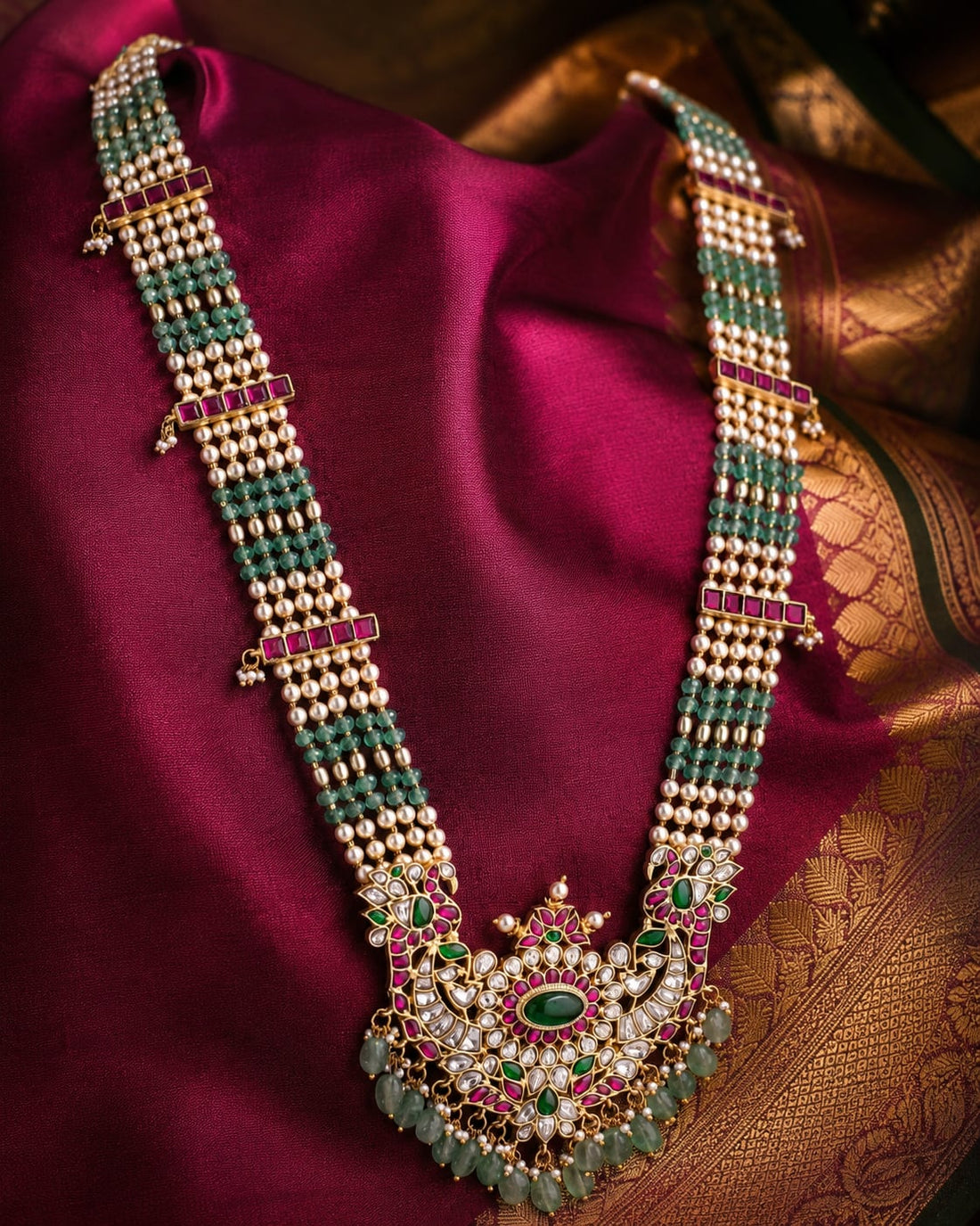 FeelOri real kempu jadau long haram necklace styled with saree fabric for Indian occasion wear