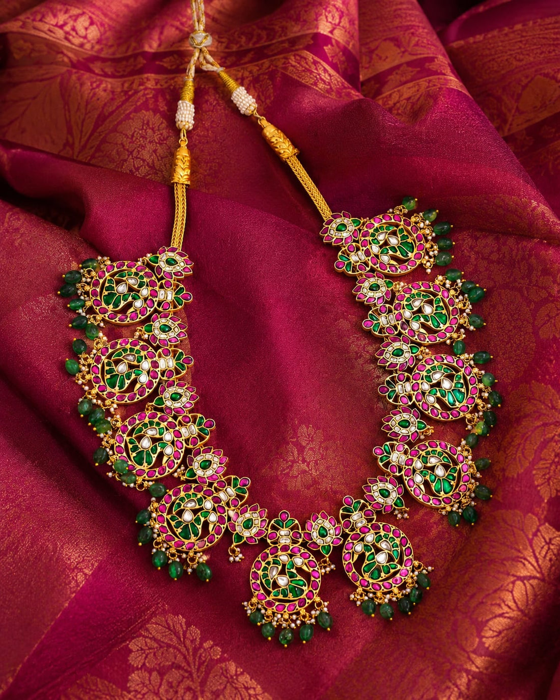 FeelOri real kempu jadau long haram necklace styled with saree fabric for Indian occasion wear
