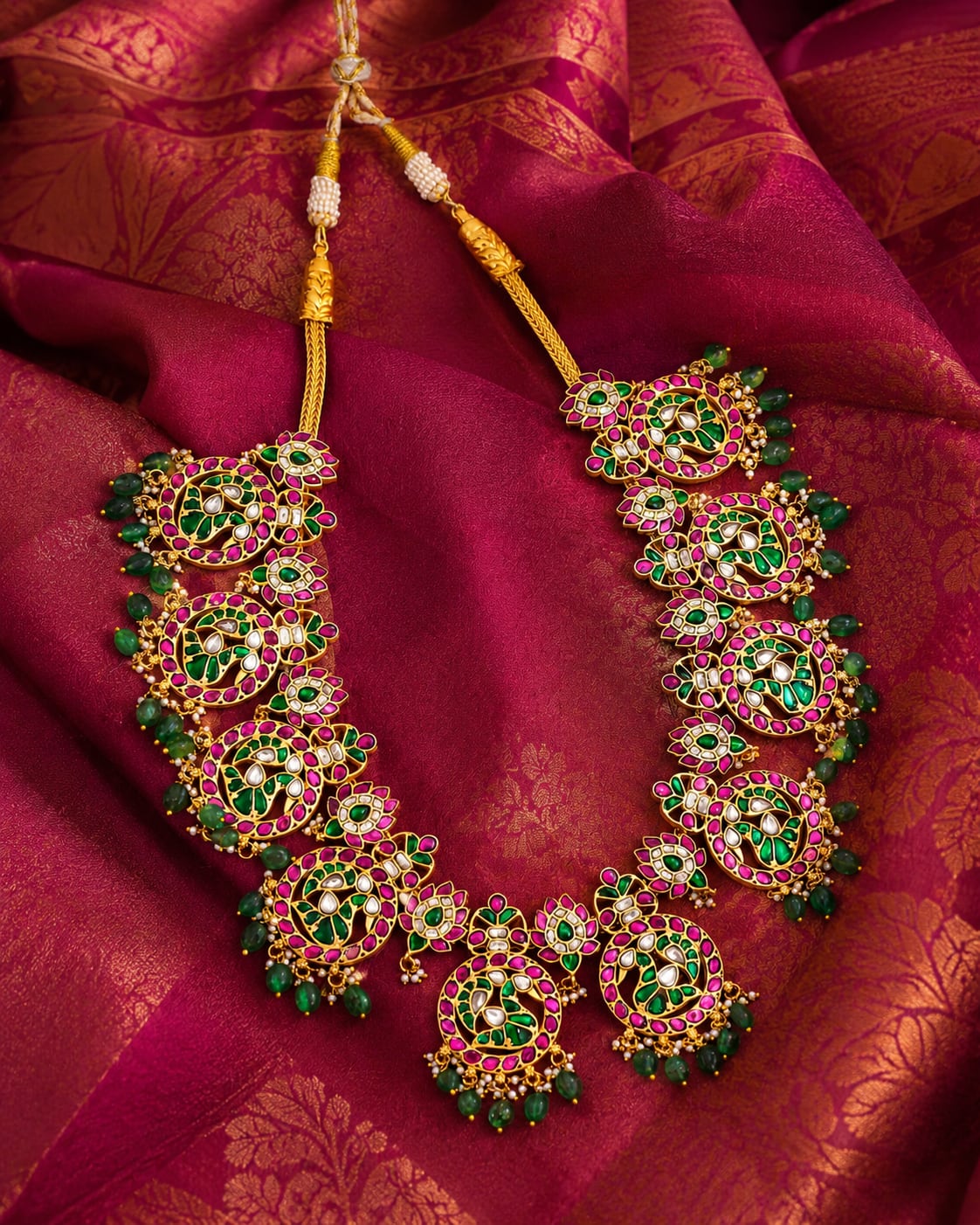 FeelOri real kempu jadau long haram necklace styled with saree fabric for Indian occasion wear