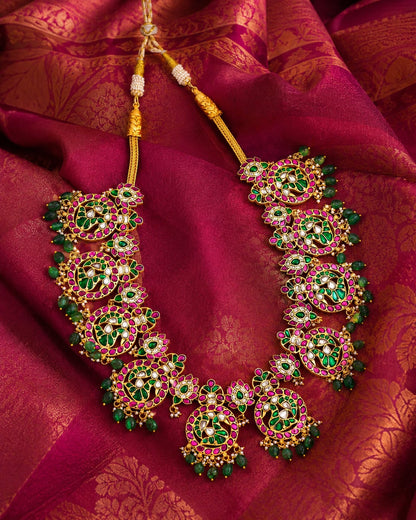 FeelOri real kempu jadau long haram necklace styled with saree fabric for Indian occasion wear