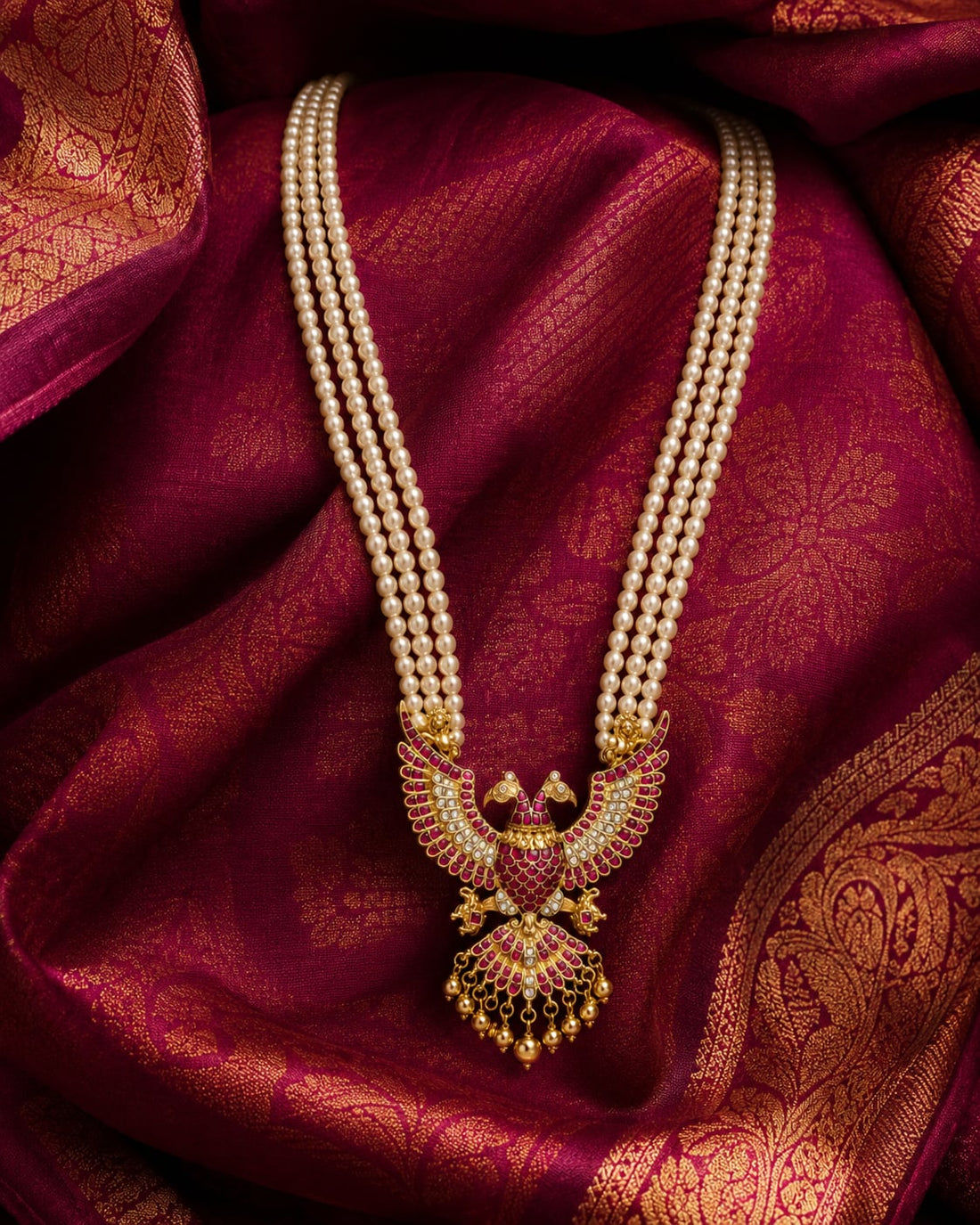 FeelOri real kempu jadau long haram necklace styled with saree fabric for Indian occasion wear