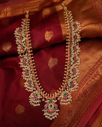 FeelOri real kempu jadau long haram necklace styled with saree fabric for Indian occasion wear