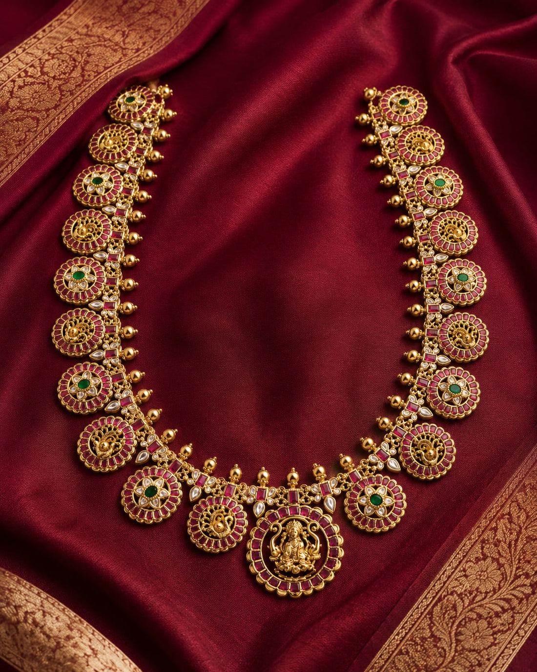 FeelOri real kempu jadau long haram necklace styled with saree fabric for Indian occasion wear