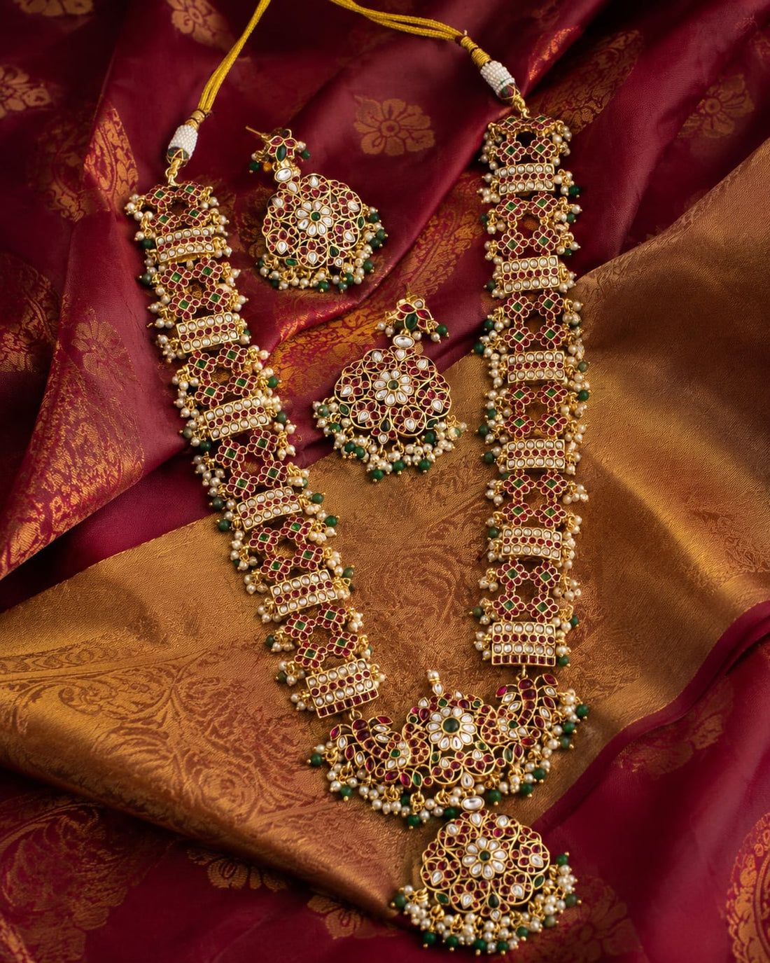 FeelOri real kempu jadau long haram necklace styled with saree fabric for Indian occasion wear