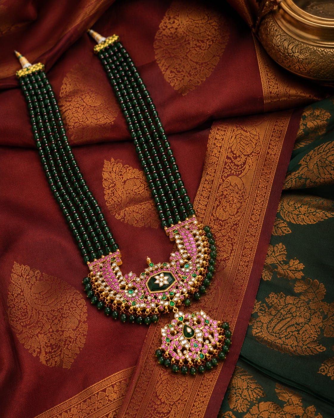 FeelOri real kempu jadau long haram necklace styled with saree fabric for Indian occasion wear