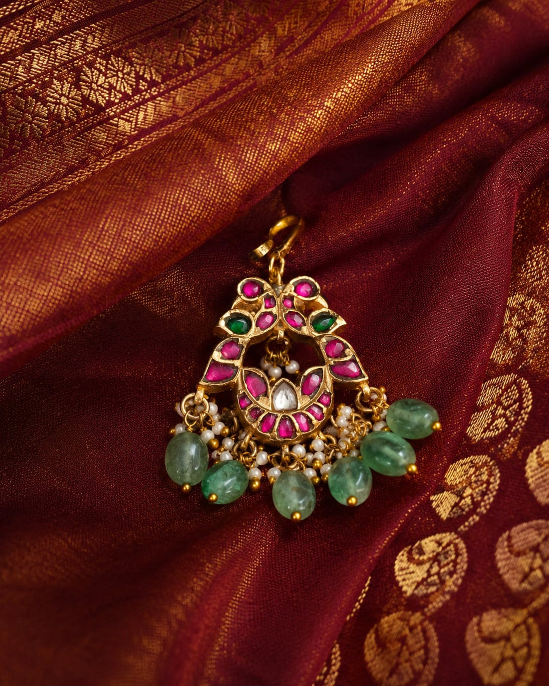 FeelOri real kempu jadau tikka styled with saree fabric for Indian occasion wear