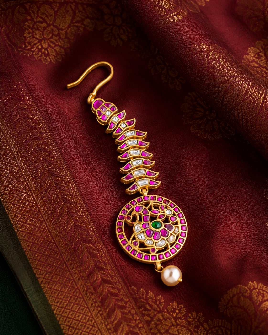 FeelOri real kempu jadau tikka styled with saree fabric for Indian occasion wear
