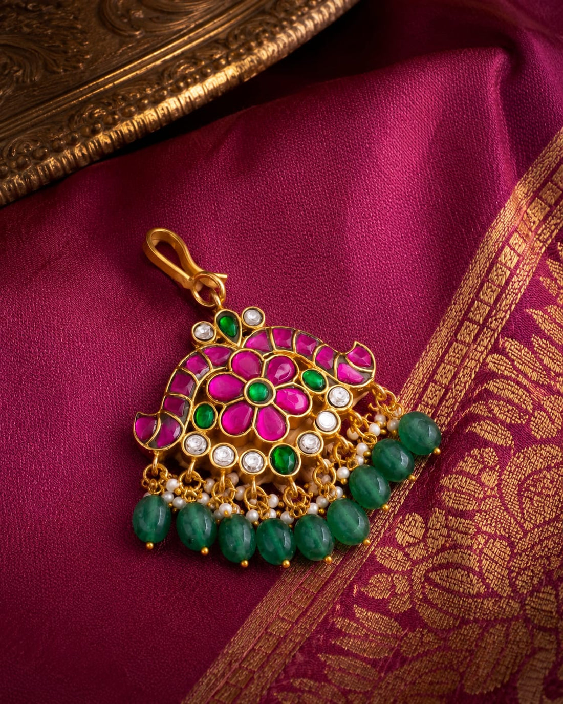 FeelOri jadau kundan tikka styled with saree fabric for Indian occasion wear