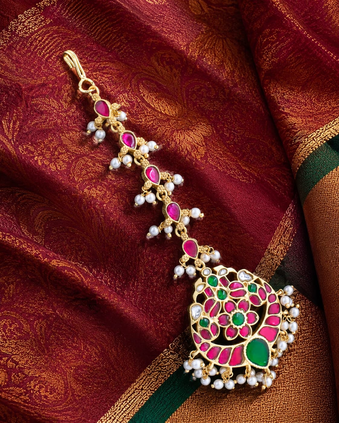 FeelOri jadau kundan tikka styled with saree fabric for Indian occasion wear