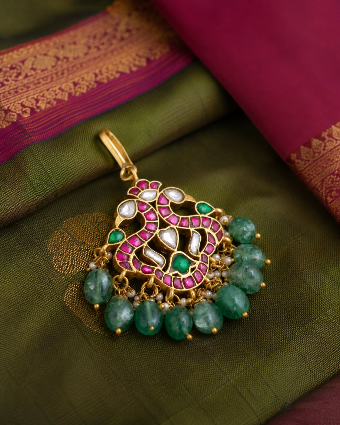 FeelOri jadau kundan tikka styled with saree fabric for Indian occasion wear