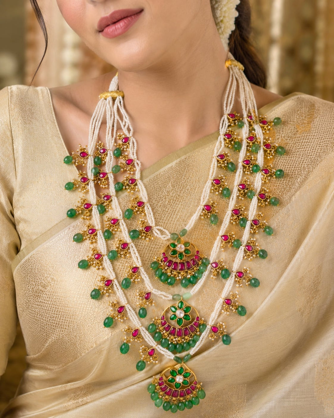 FeelOri real kempu jadau mala necklace styled with pattu saree blouse for Indian occasion wear