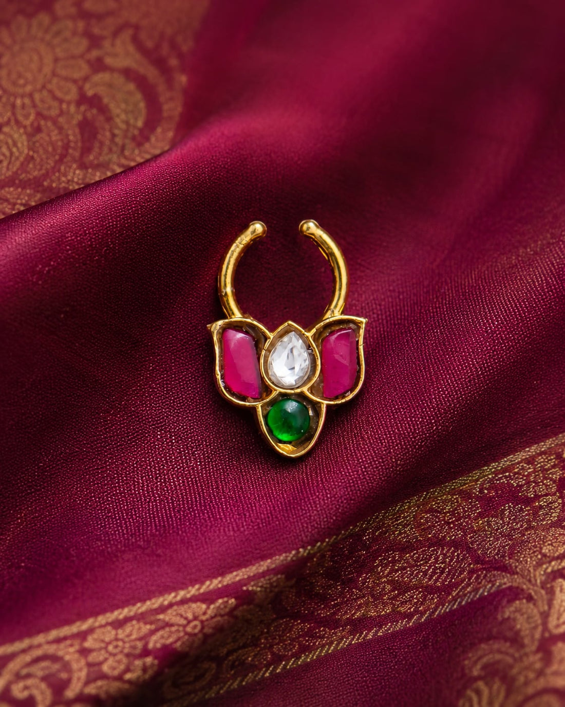 FeelOri jadau kundan nath nose ring styled with saree fabric for Indian occasion wear