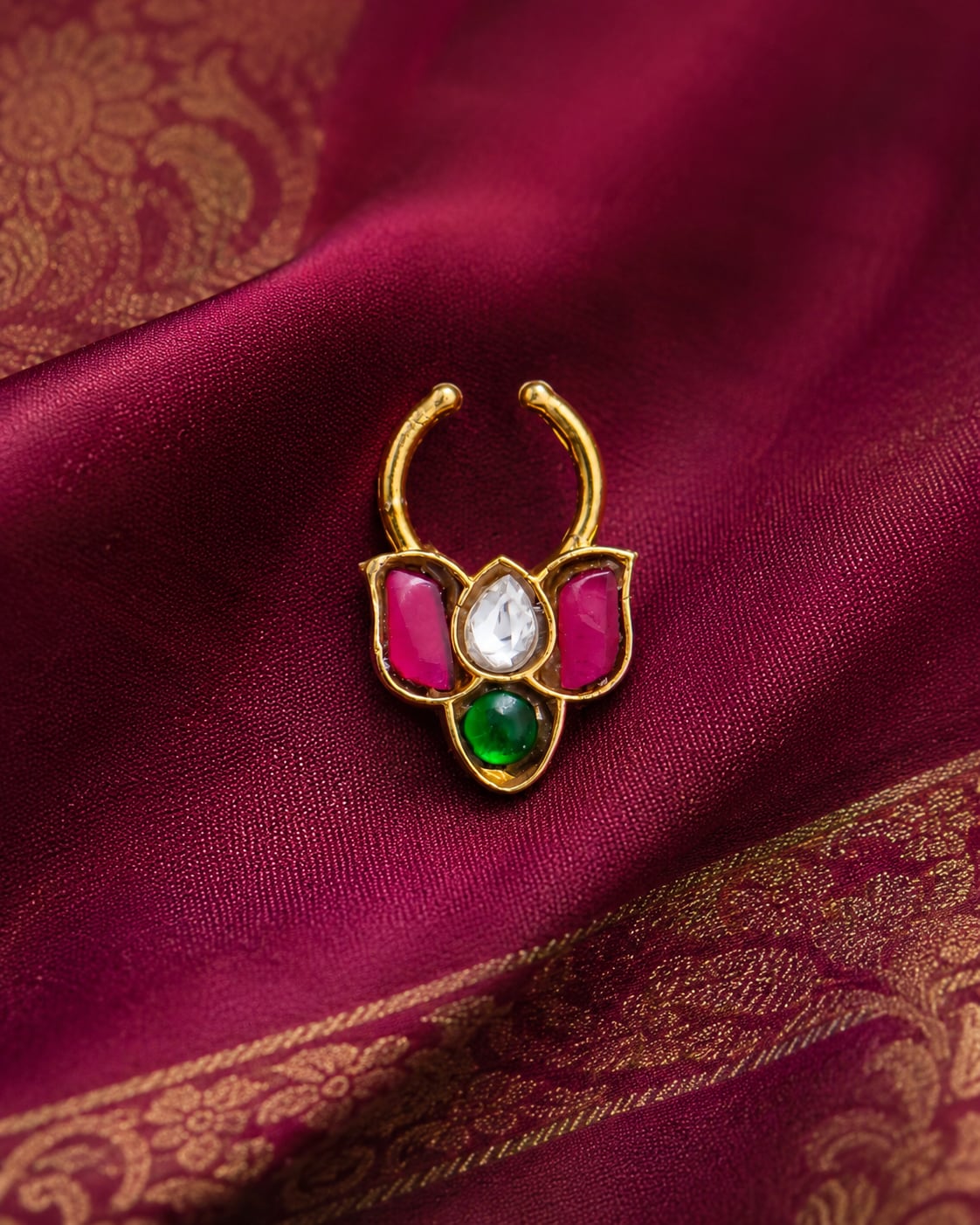 FeelOri jadau kundan nath nose ring styled with saree fabric for Indian occasion wear