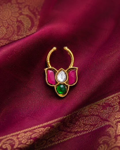 FeelOri jadau kundan nath nose ring styled with saree fabric for Indian occasion wear
