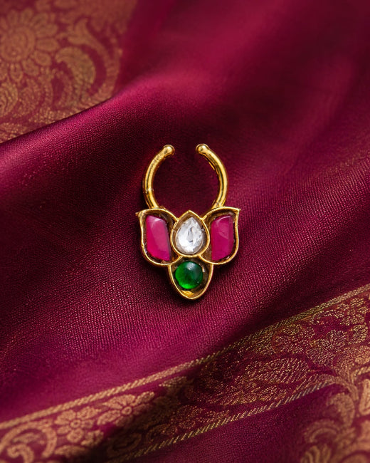 FeelOri jadau kundan nath nose ring styled with saree fabric for Indian occasion wear