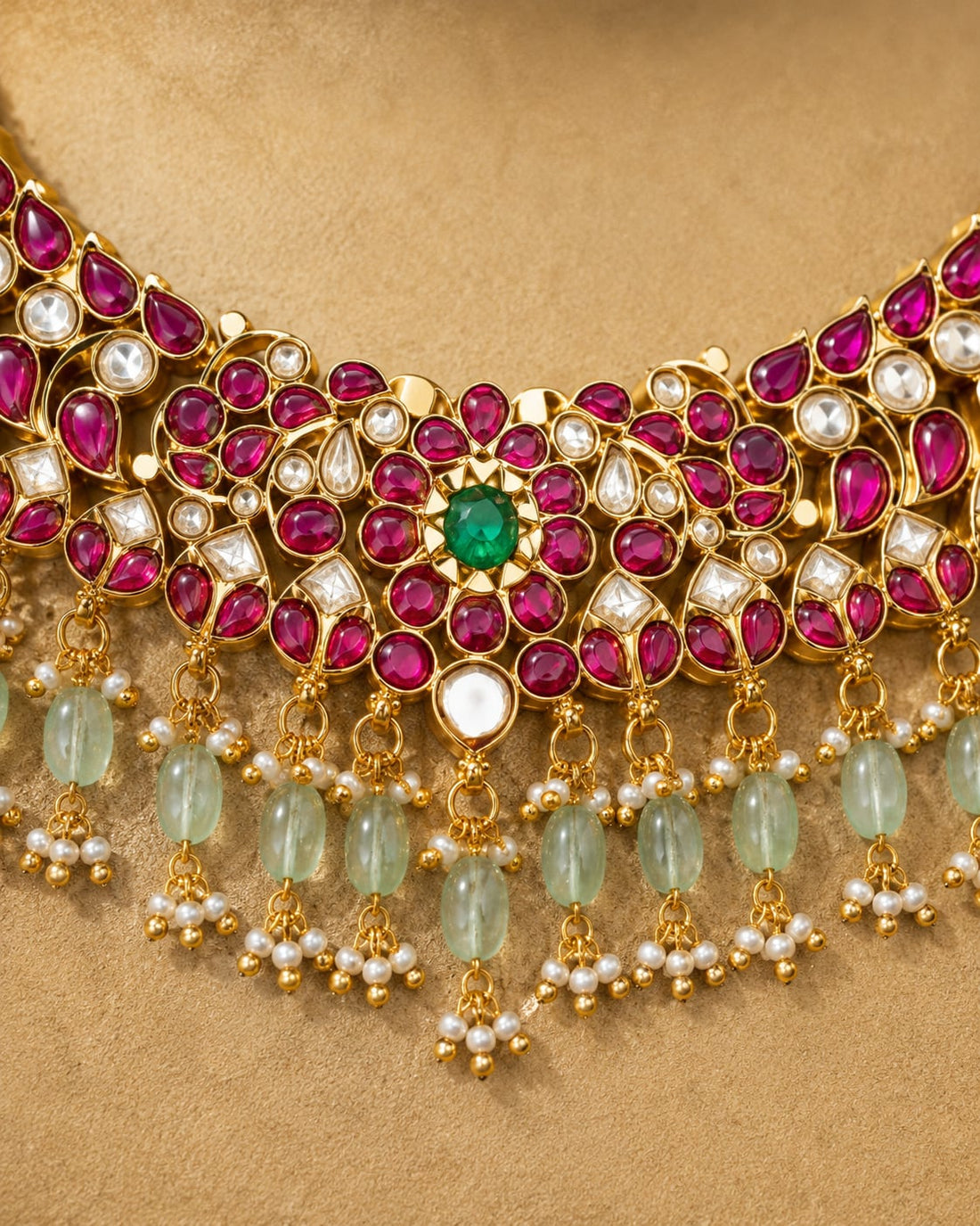 FeelOri real kempu jadau necklace close-up of real kempu stones and jadau work