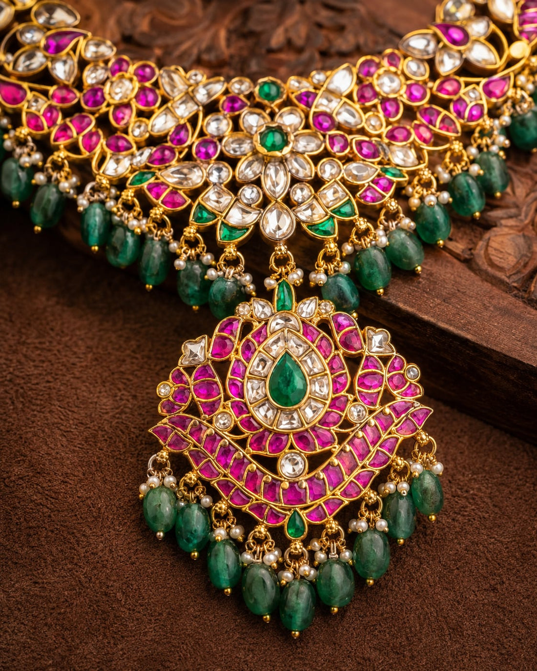 FeelOri real kempu jadau necklace close-up of real kempu stones and jadau work
