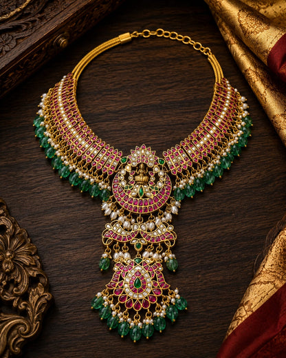 FeelOri real kempu jadau necklace styled with pattu saree blouse for Indian occasion wear