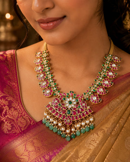 FeelOri real kempu jadau necklace styled with pattu saree blouse for Indian occasion wear