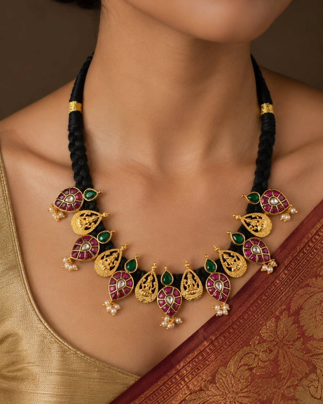 FeelOri real kempu jadau necklace styled with pattu saree blouse for Indian occasion wear