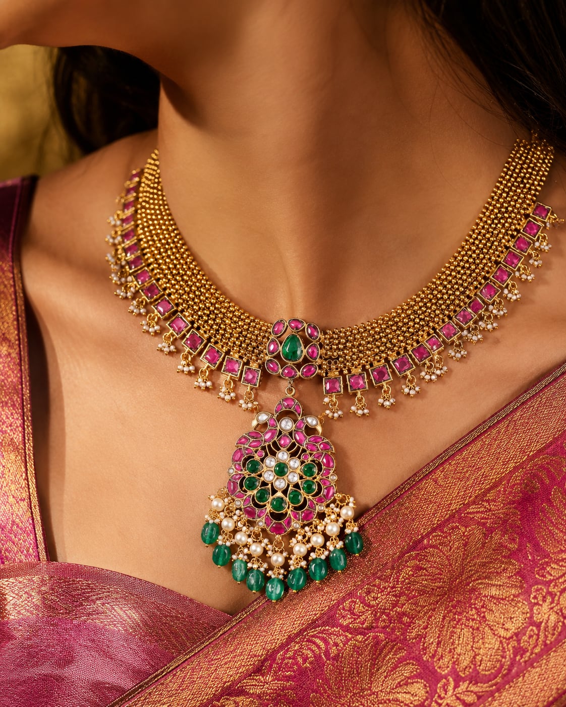 FeelOri real kempu jadau necklace styled with pattu saree blouse for Indian occasion wear