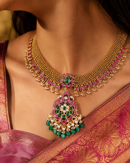 FeelOri real kempu jadau necklace styled with pattu saree blouse for Indian occasion wear