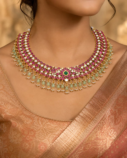 FeelOri real kempu jadau necklace styled with pattu saree blouse for Indian occasion wear