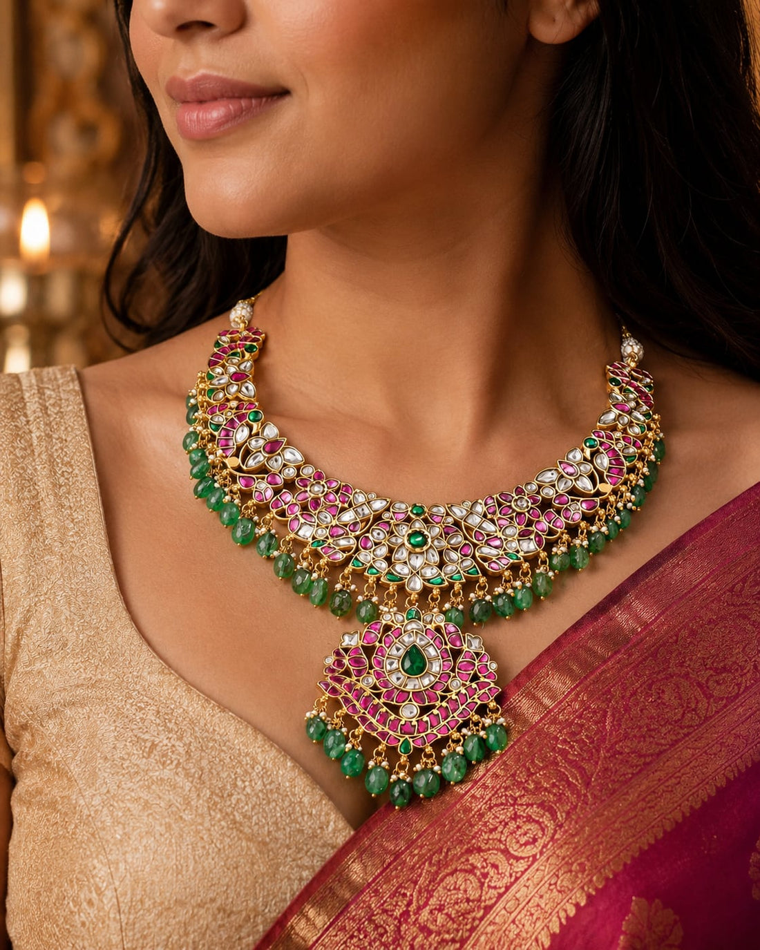 FeelOri real kempu jadau necklace styled with pattu saree blouse for Indian occasion wear