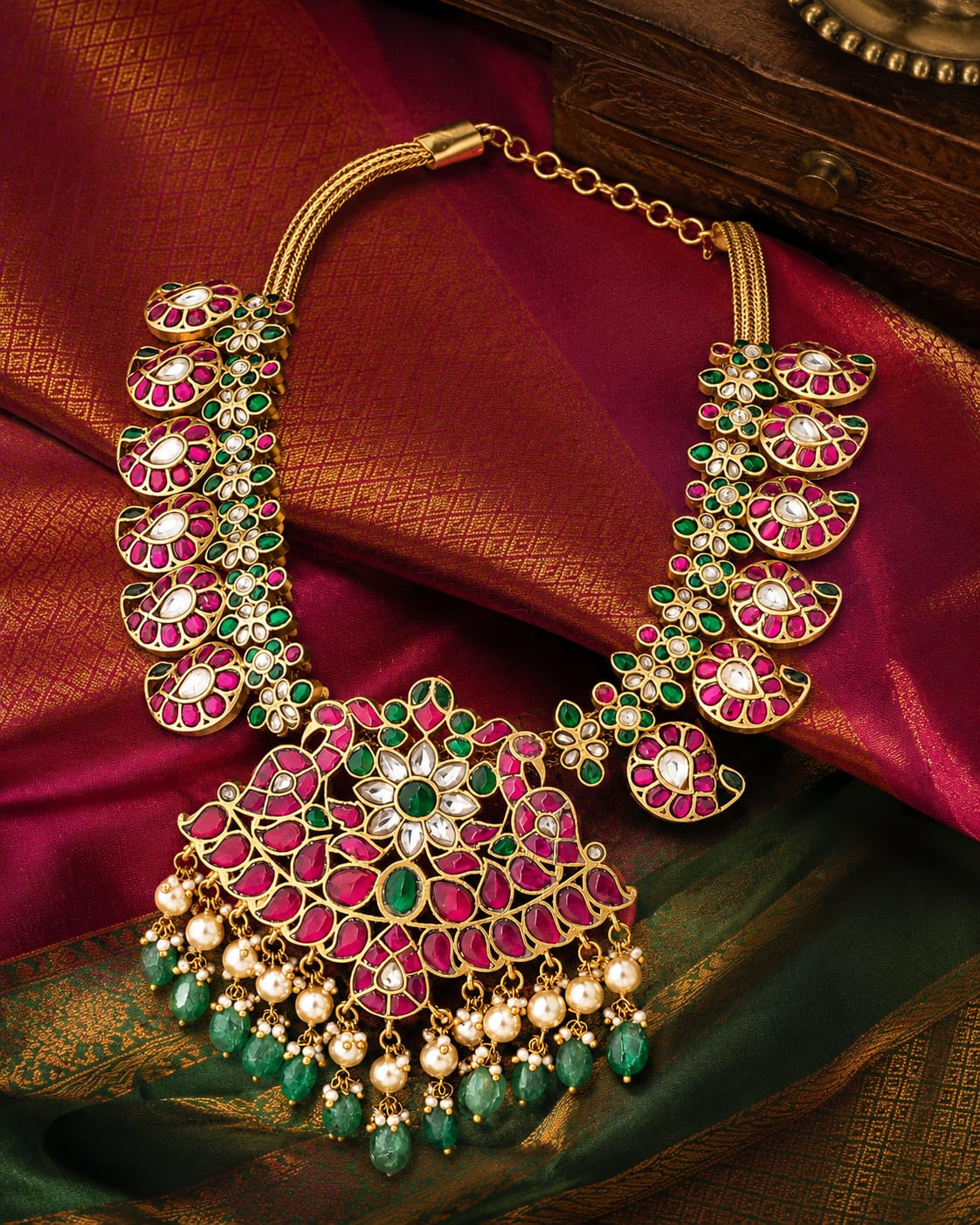 FeelOri real kempu jadau necklace styled with saree fabric for Indian occasion wear